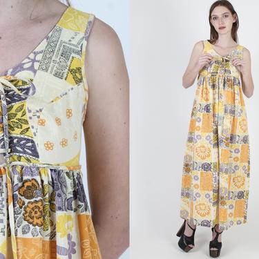 Vintage 70s Patchwork Pastel Floral Dress Bohemian Mod Lounge Corset Tie Maxi Dress 