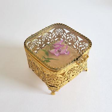Vintage Ormolu Trinket Box with Gold Velvet, Small Gold Jewelry Casket 