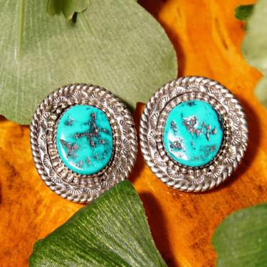Vintage Signed NN Sterling Silver Turquoise Stud Earrings, Hammered Silver Medallion Earrings With Blue Turquoise Stone, 1 1/4&amp;quot; L 