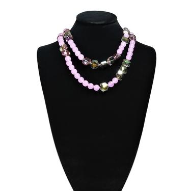 Jade and Crystal Beaded Opera Length Necklace - Pink Jade and Iridescent Crystal Beads 