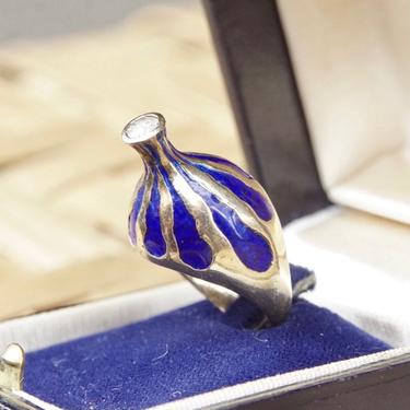 Vintage 14K Gold Diamond Enamel Dome Ring, Modernist/Brutalist, .25 CT Brilliant Cut Diamond, Unique Yellow Gold &amp; Blue Enamel Ring, 5.5 US 