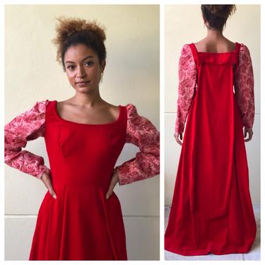 1960s Velvet Maxi Dress / Romeo and Juliet / Velour Empire Dress / Long Brocade and Velvet Gown 