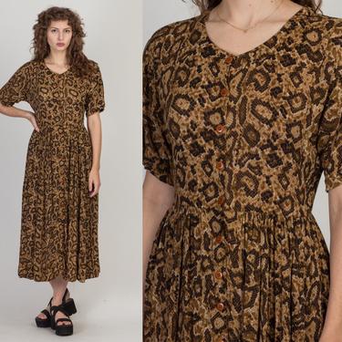 90s Grunge Snakeskin Print Dress - Medium | Vintage Boho Oversized Short Sleeve Button Up Midi Dress 