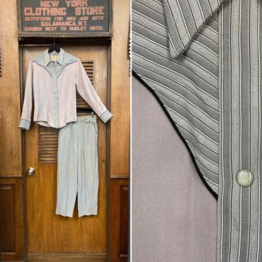 Vintage 1950’s Western Cowboy Two Tone Rayon Rockabilly Shirt Pant Set, 1950’s, 2 Piece, Matching Set, Pant Suit, Western, Cowboy, Two Tone, 