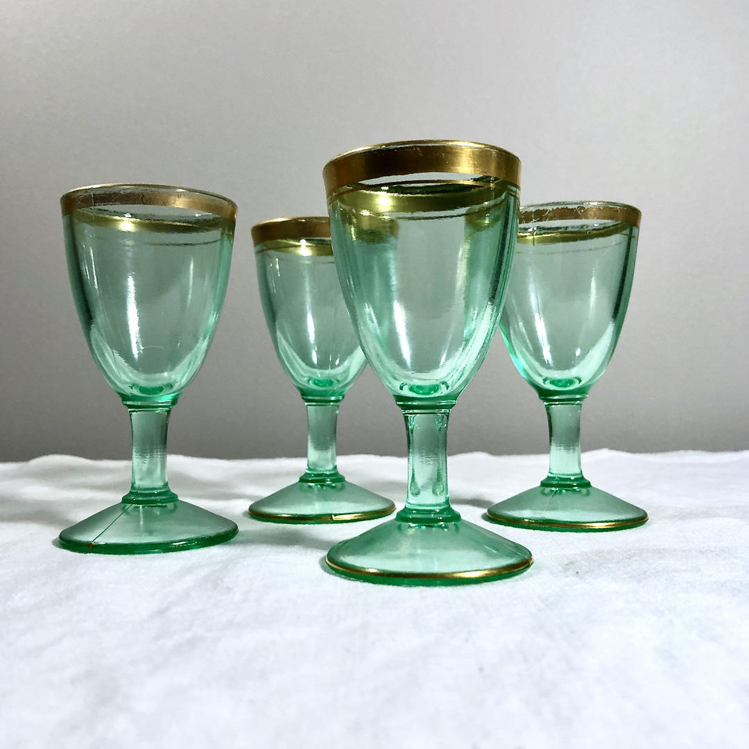 5 Vintage Green Uranium Glass Wine Glasses, 1950's, Vintage Green