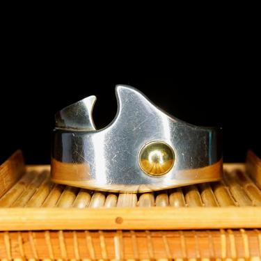 Vintage TAXCO Abstract Modernist Two-Tone Sterling Silver Cuff Bracelet, Heavy Silver Cuff With Gold Dome Embellishment, Mexico, 5 3/8&amp;quot; L 