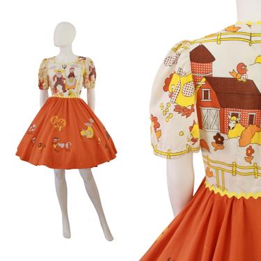 1960s Fall Novelty Print Dress - Farm Novelty Print Dress - Animal Novelty Print Dress - Vintage Novelty Print Dress | Size Medium / Large 