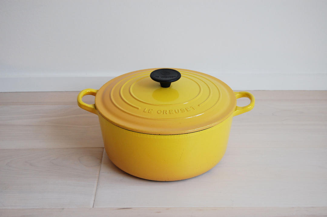 Vintage French Le Creuset Yellow Enameled Cast Iron Grill Pan Skillet 12.5  Enamel France 