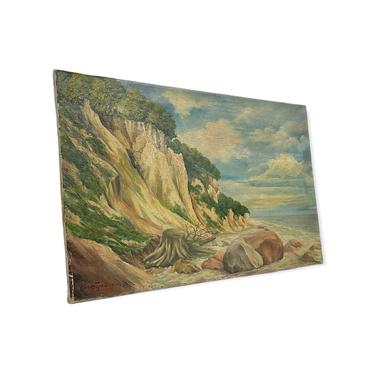 Vintage Mid Century Modern Painting Mountain Scenic Coast MCM Retro Deco Patina  Impressionist Primitive 