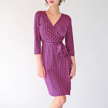 Vintage Y2K Diane Von Furstenburg Black Silk Wrap Dress w/ Fuchsia Geometric Print | 100% Silk | 2000s DVF Designer Silk Wrap Dress 