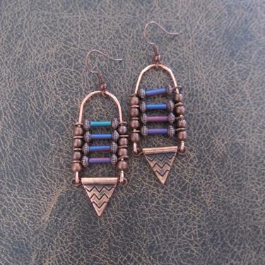 Copper ethnic earrings, chandelier earrings, statement earrings, chunky bold earrings, etched metal earrings, iridescent multicolor earrings 