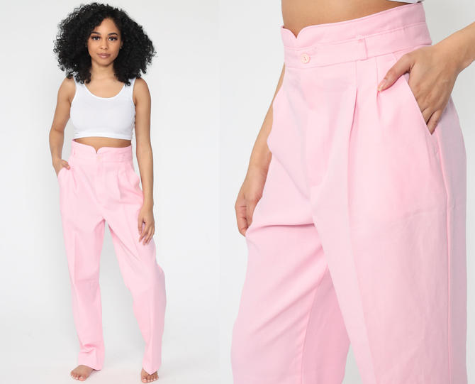 80S Pink Pants Pastel Striped Elastic Waist Trousers High Waisted