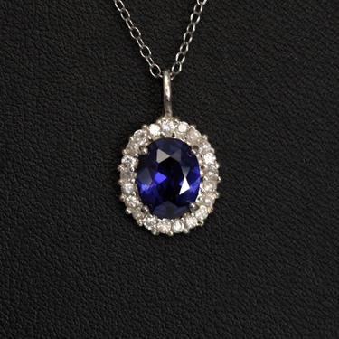 Elegant 90's sterling violet tanzanite clear quartz pendant, classic 925 silver faceted oval gemstone halo bling necklace 