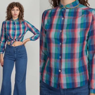70s 80s Plaid Girly Peter Pan Collar Blouse - Small | Vintage Metallic Button Up Collared Long Sleeve Top 