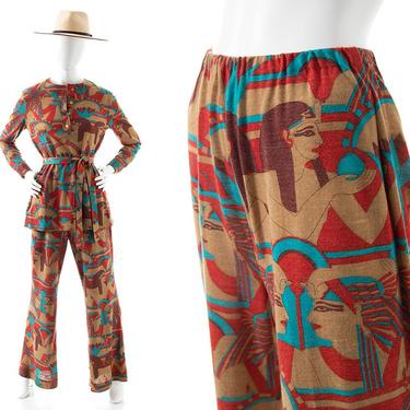 Vintage 1970s Pant Suit | 70s Egyptian Novelty Print Jersey Knit Printed Long Sleeve Blouse Matching Wide Leg High Waisted Pants Set (small) 