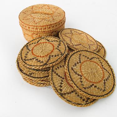 Set of 12 Vintage Woven Coasters in Woven Round Basket 