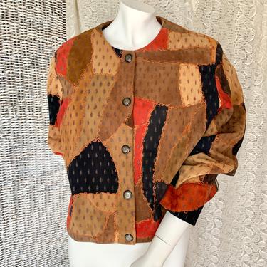 Patchwork Suede Jacket, Leather, Snap Front Vintage 90s 