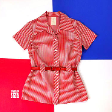 Mod Vintage 60s 70s Red Stripe Short Sleeve Tunic Top with Matching Belt 