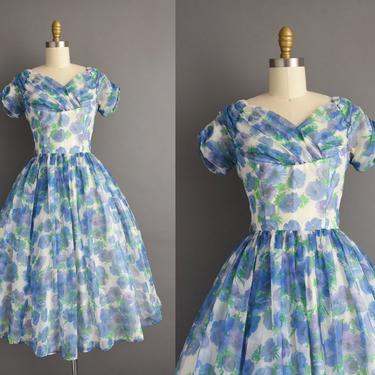 1950s vintage dress | Gorgeous Blue Floral Print Chiffon Sweeping Full Skirt Cocktail Party Dress | Small | 50s dress 