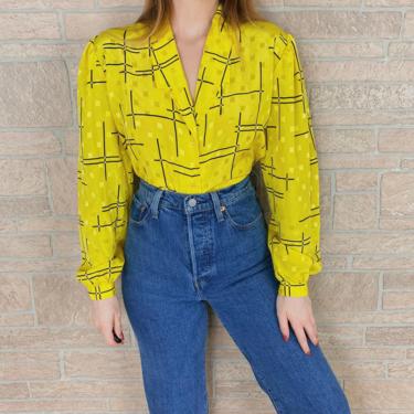 70's Mod Retro Yellow and Black Button Front Blouse 