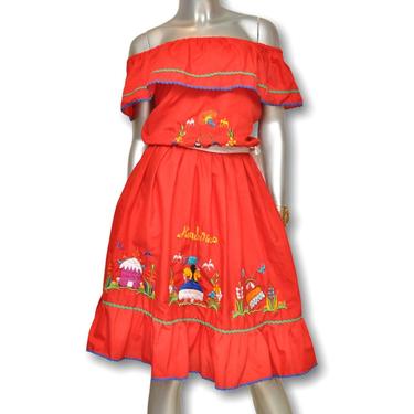 Vintage Honduras Red Off the Shoulder Dress Embroidered Tropical Island Sun Dress M 