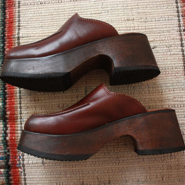 90s Candies Wooden Clogs Brown Leather Square Toe Chunky Size 7 Women's 