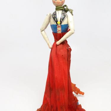 Vintage Swedish Doll, Hand Painted Wood with Crepe Paper Skirt, Made in Sweden, Costume Dress 