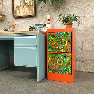 LOCAL PICKUP ONLY Vintage Filing Cabinet Retro 1970s Bright Orange with Bold Flower Print Metal Filing Cabinet + 2 Drawers for Home + Office 