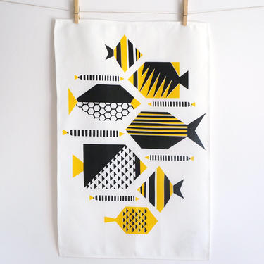 Yellow tropical fish tea towel  •  retro / mid-century / geometric design 