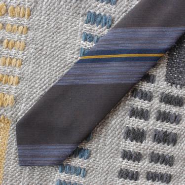 Vintage 1960s Skinny Tie - Diagonal Stripe Gray, Blue &amp; Yellow Necktie 