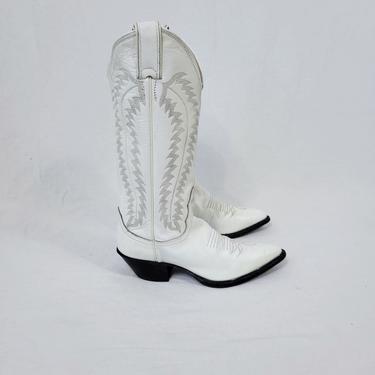 1970's White Leather Stitched Western Cowboy Boots I Sz 4.5 I Justin 
