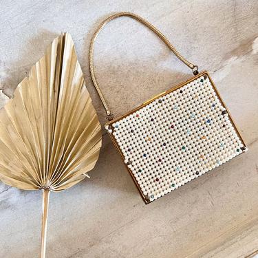 1950s pearl rhinestones compact purse carryall wristlet, dance purse, vintage makeup case, miniaudiere small purse, gift for her 