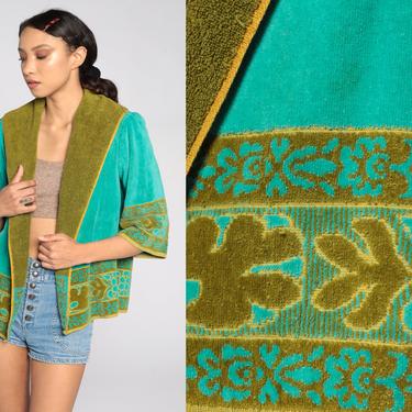 70s Terry Cloth Jacket Towel Jacket Turquoise OPEN FRONT Jacket Lounge Boho Top Vintage Boho Hippie Bohemian Jacket 1970s Medium Large 