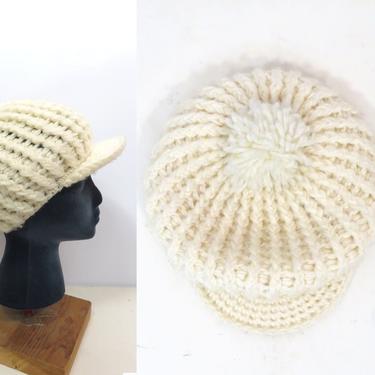 Vintage 70s Ivory Betmar Chunky Knit Slouchy Winter Hat With Brim And Pompom 
