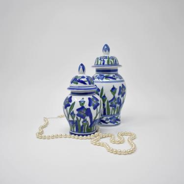 Ginger Jar Set x2 | Pair of Vintage Ceramic Lidded Vases | Blue & Green White Iris Daffodil Pattern | Housewarming Gift | Asian Shelf Decor 