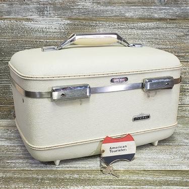 Vintage Tiara Train Case, White American Tourister Luggage, Mid Century Modern Suitcase, Overnight Travel Case + KEY & Tray, Vintage Luggage 