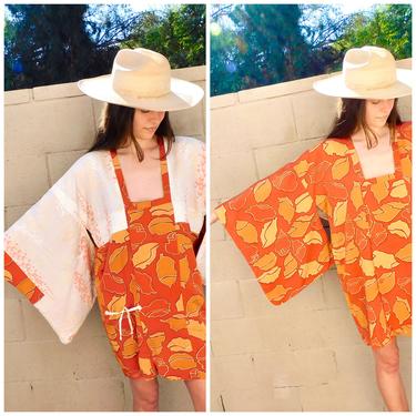 Reversible Kimono // vintage mini dress boho orange floral hippie blouse top shirt jacket robe tunic 60s 70s // O/S 