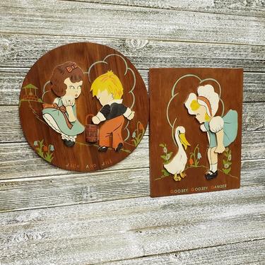 1940s VintagebMother Goose Fairy Tales Wall Plaques, 3D Jack and Jill & Goosey Goosey Gander, Children's Nursery Rhymes, Vintage Wall Decor 
