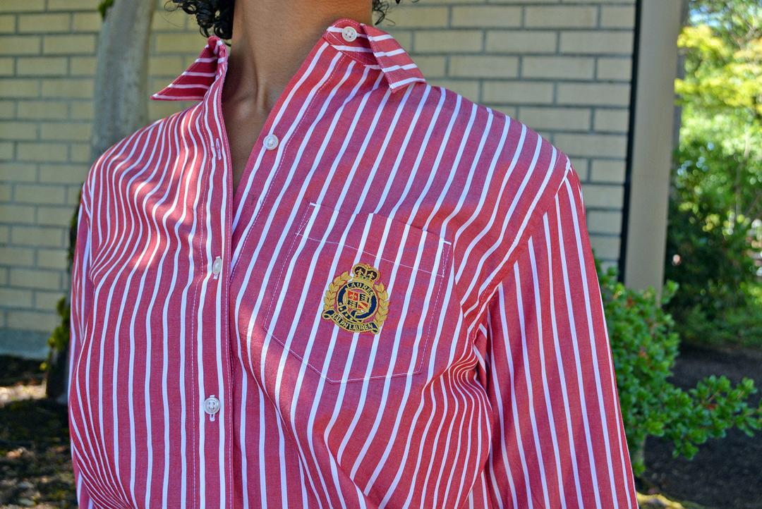 Vintage Ralph Lauren Sport Women's Red White Pin Stripe Button Down Shirt  Blouse Crest, Size 8 