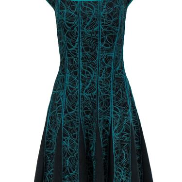 Tadashi Shoji - Emerald Green &amp; Black Swirly Embroidered Cap Sleeve A-Line Dress Sz L