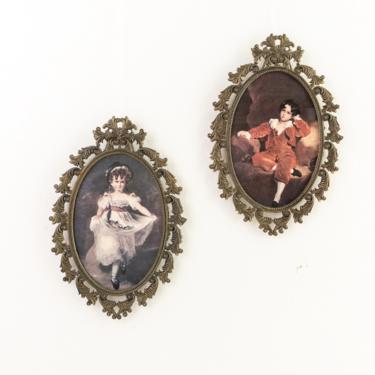 Pair of Made in Italy Oval Brass Picture Frames, Set of 2 Ornate Brass Frames with Victorian Boy and Girl Prints, Small Wall Decor 