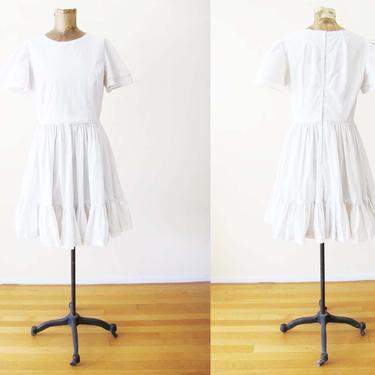 Vintage 60s Square Dance Dress S - 1960s White Swiss Dot Sundress - Kawaii Gothic Lolita Dress - Frilly White Ruffle Dress - Western Dress 
