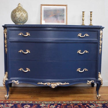 gold dress for love and lemons Navy Blue Swedish Nightstand with Gold Trim – Le Chateau main image 0