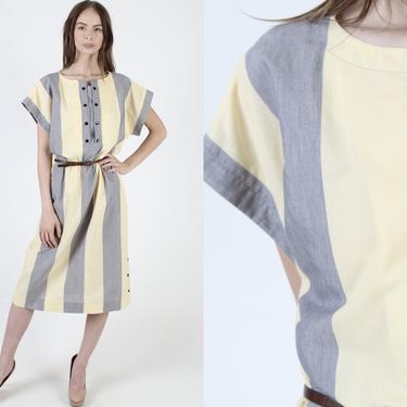Yellow Grey Stripe Dress / Snap Up Chest / Wide Vertical Lined Dress / Draped Colorblock Secretary Day Dress / Wear To Work Midi Maxi Dress 