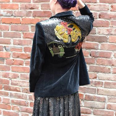 1990's | Iceberg | Velvet Jacket with Sequins and Cartoon Cars 