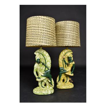 Continental Art Co. Green Fairy Chalkware Lamps with Fiberglass Shades 