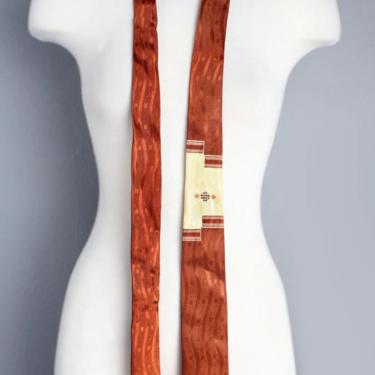 50's Vintage Tie Mens Necktie, Rust Damask Skinny Square Suit Tie Rockabilly 1960's Mid Century 
