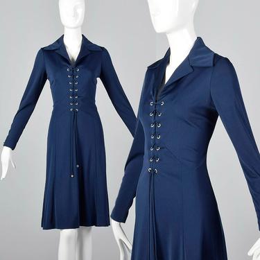 1970s Dress Mignon Laced Corset Bodice Sexy Long Sleeve Dress Navy Blue Simple Vintage Dress Bohemian 