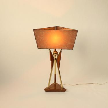 1950s  HUGE TRIANGULAR  table lamp in  brass ,  walnut with  fiberglass shade , USA 
