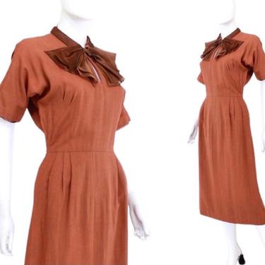 1950s Terra Cotta Wiggle Dress with Large Brown Bow - 1950s Wiggle Dress - Vintage Orange Wiggle Dress - 1950s Orange Dress | Size Small 